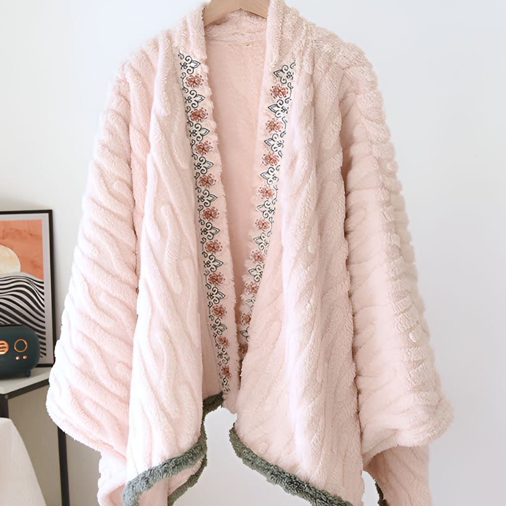 Embroidered Warm Fleece Shawl Wrap — alternate angle view