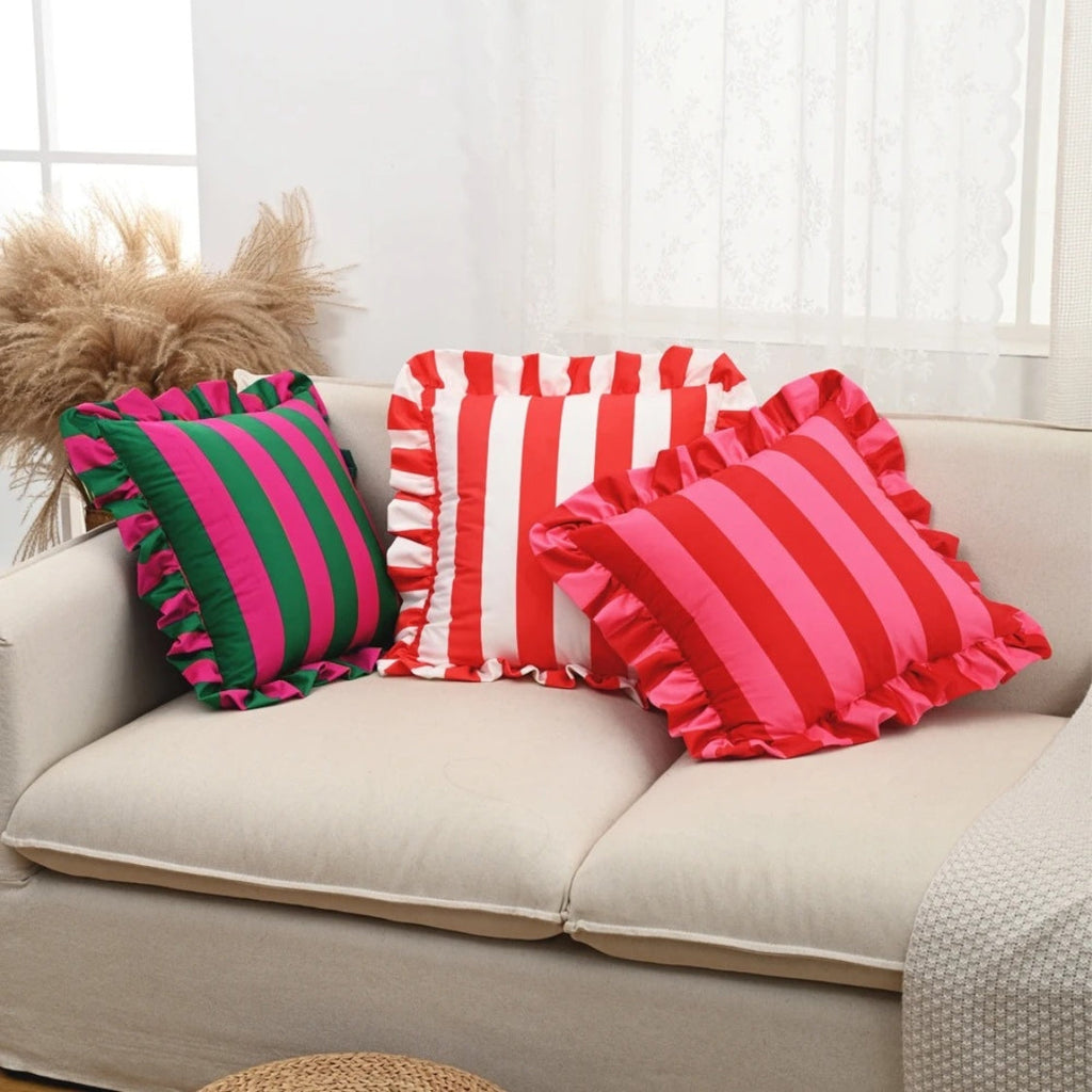 Retro Striped Ruffle Cushion Cover — product close-up