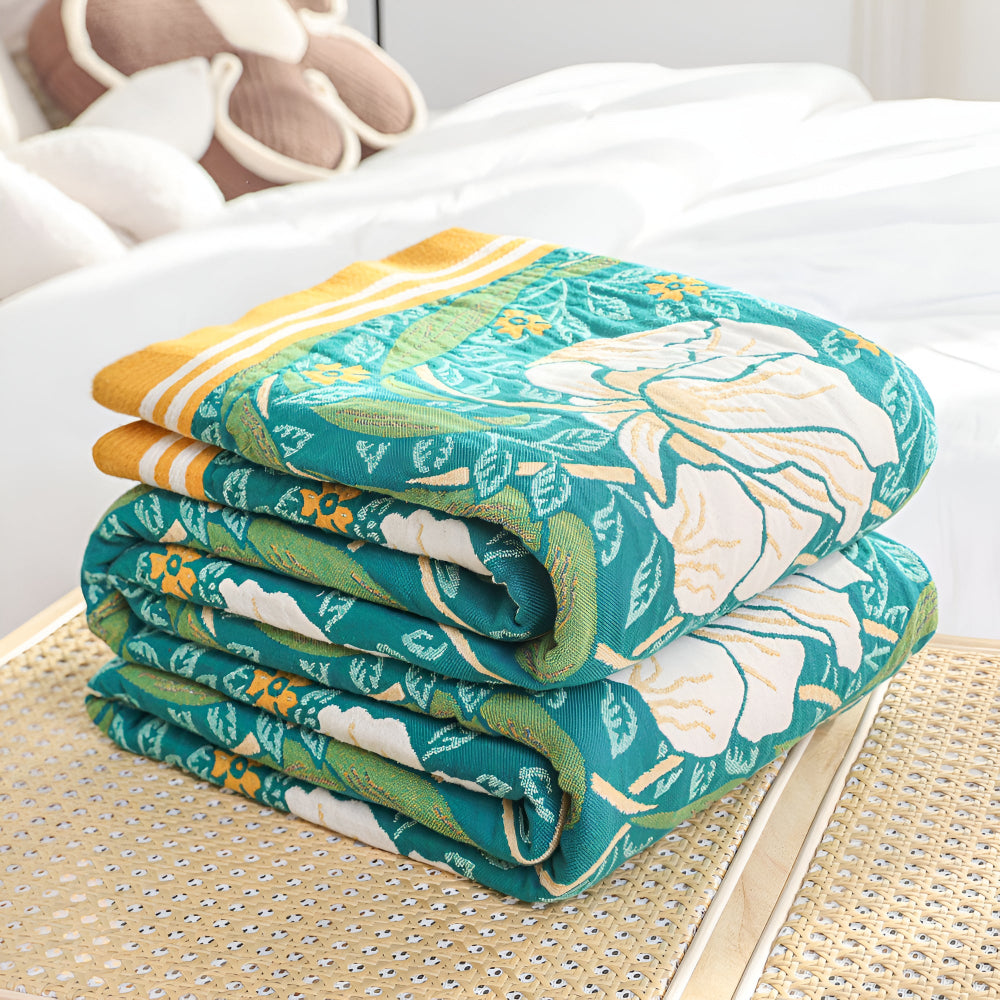 Green Botanical Bloom Cotton Blanket — alternate angle view