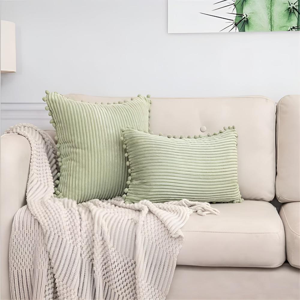 Plush Ribbed Pom-Pom Cushion Cover — material texture close-up