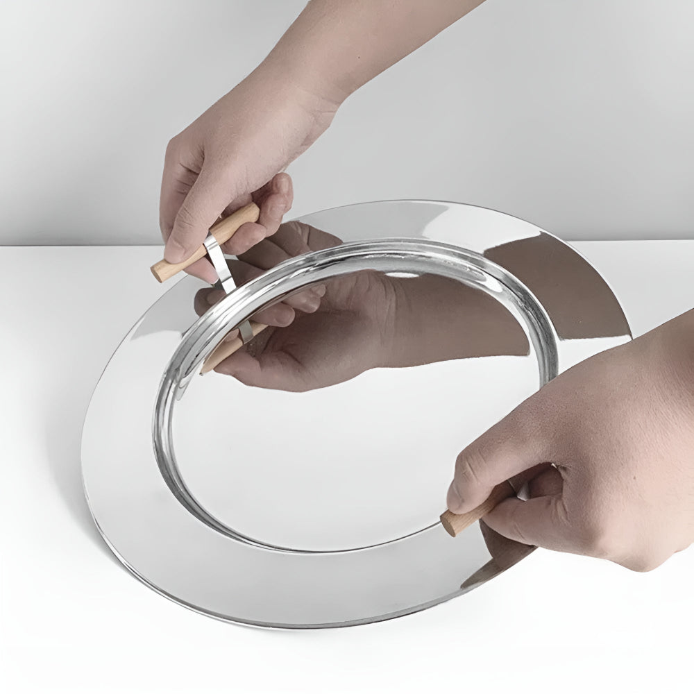 Elegant Stainless Steel Round Tray with Wooden Handles — lifestyle shot