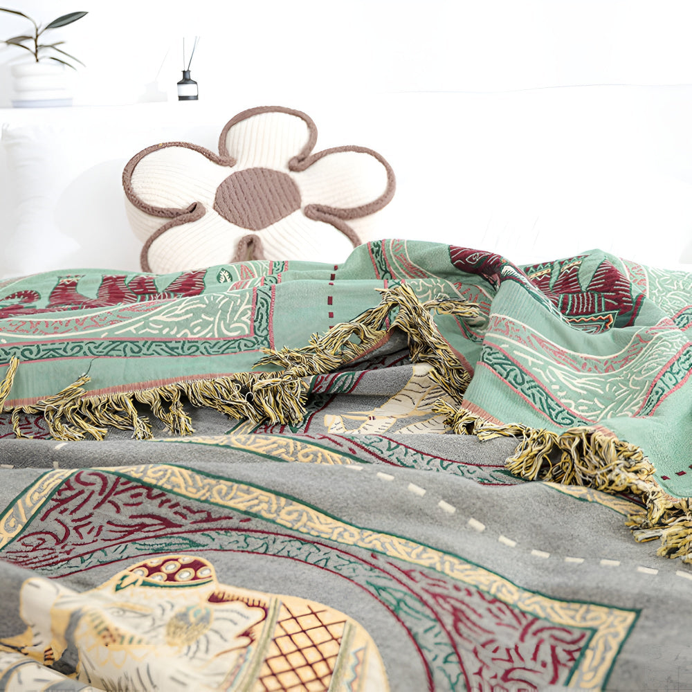 Bohemian Elephant Print Tassel Blanket — lifestyle shot
