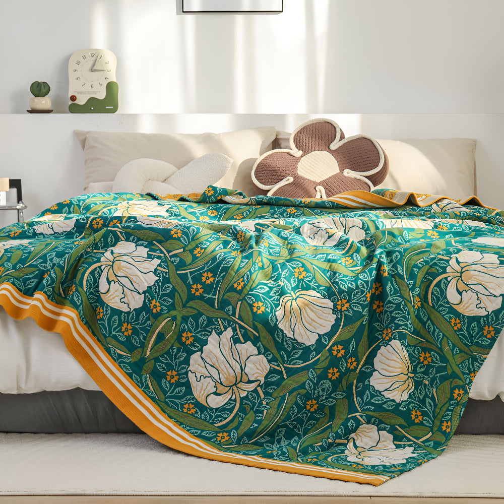 Green Botanical Bloom Cotton Blanket — product detail view