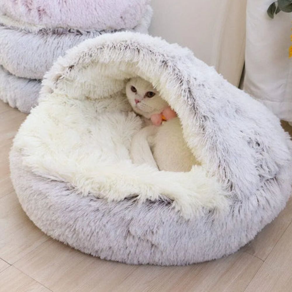 Round Hooded Faux Fur Pet Bed — product in use