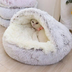 Round Hooded Faux Fur Pet Bed — product in use