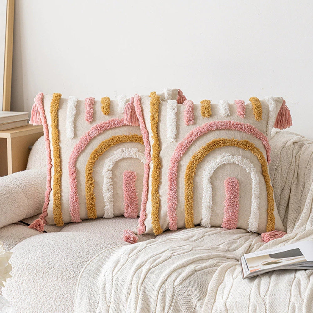 Tassel-Trimmed Boho Floral Cushions — product in use