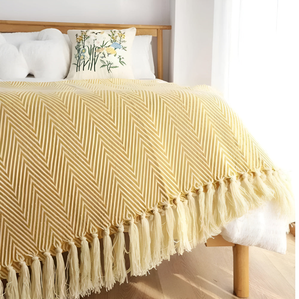 Herringbone Tassel Knit Blanket — lifestyle shot