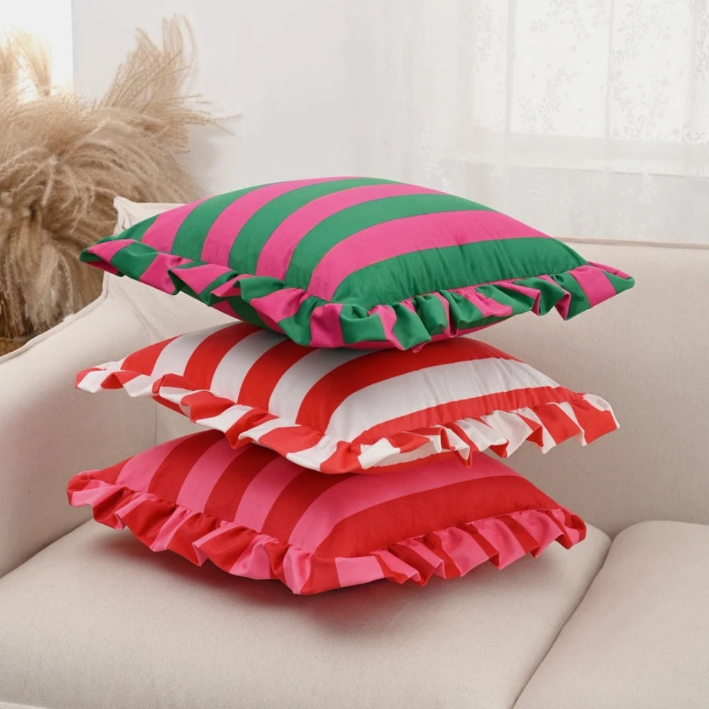 Retro Striped Ruffle Cushion Cover — lifestyle shot