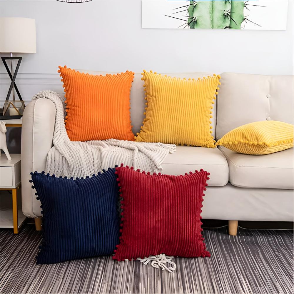 Plush Ribbed Pom-Pom Cushion Cover — product close-up