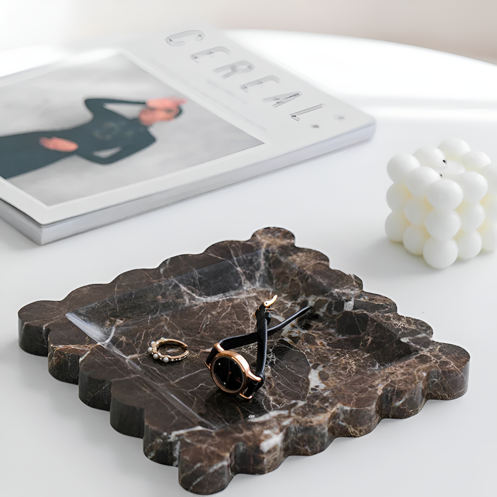 Scalloped Marble Travertine Jewellery Tray — product in use