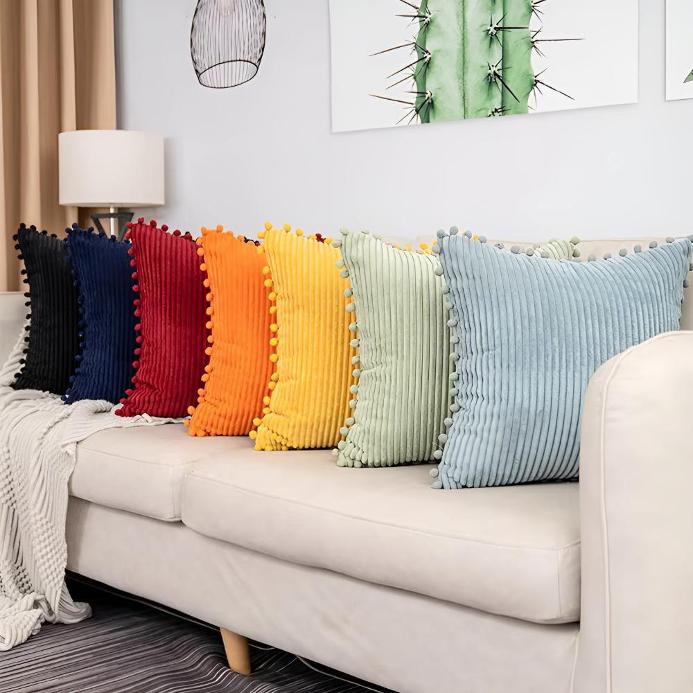 Plush Ribbed Pom-Pom Cushion Cover — lifestyle shot