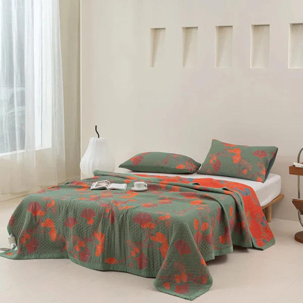 Ginkgo Orange Leaf Floral Pattern Coverlet — product feature detail