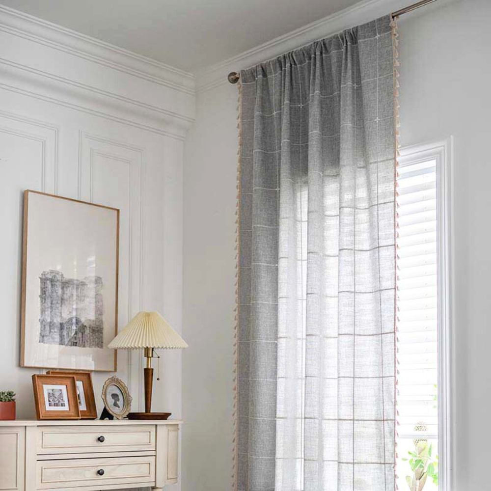Tassel Plaid Curtain Semi Blackout Drapes — main product photo