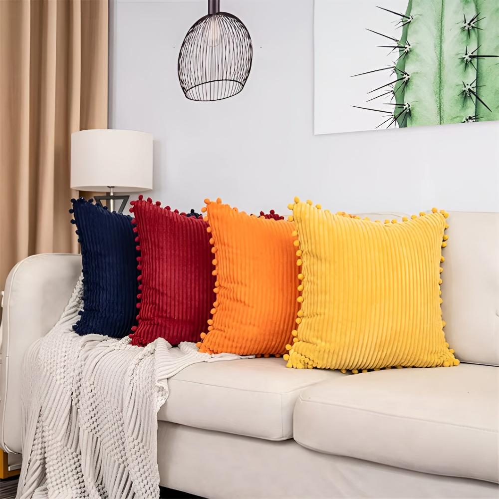 Plush Ribbed Pom-Pom Cushion Cover — main product photo
