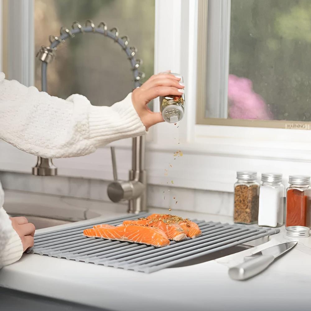 Stainless Steel Dish Drying Rolling Rack — size and scale reference