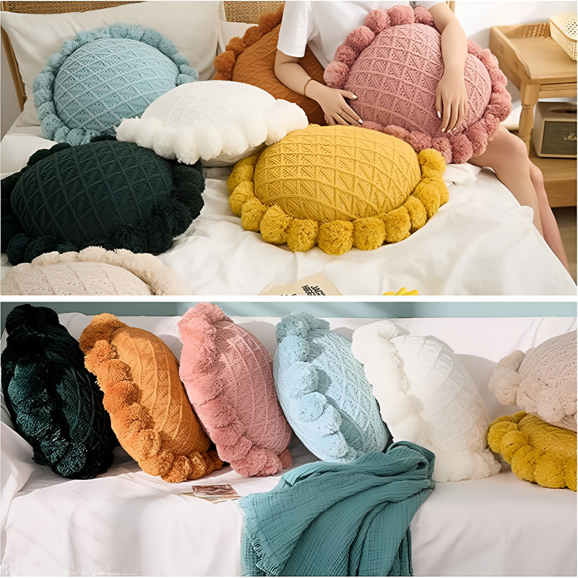 Chic Sunflower Pom-Pom Cushion — product detail view