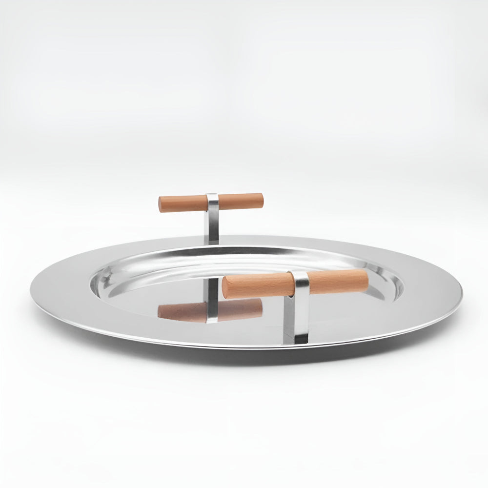 Elegant Stainless Steel Round Tray with Wooden Handles — size and scale reference