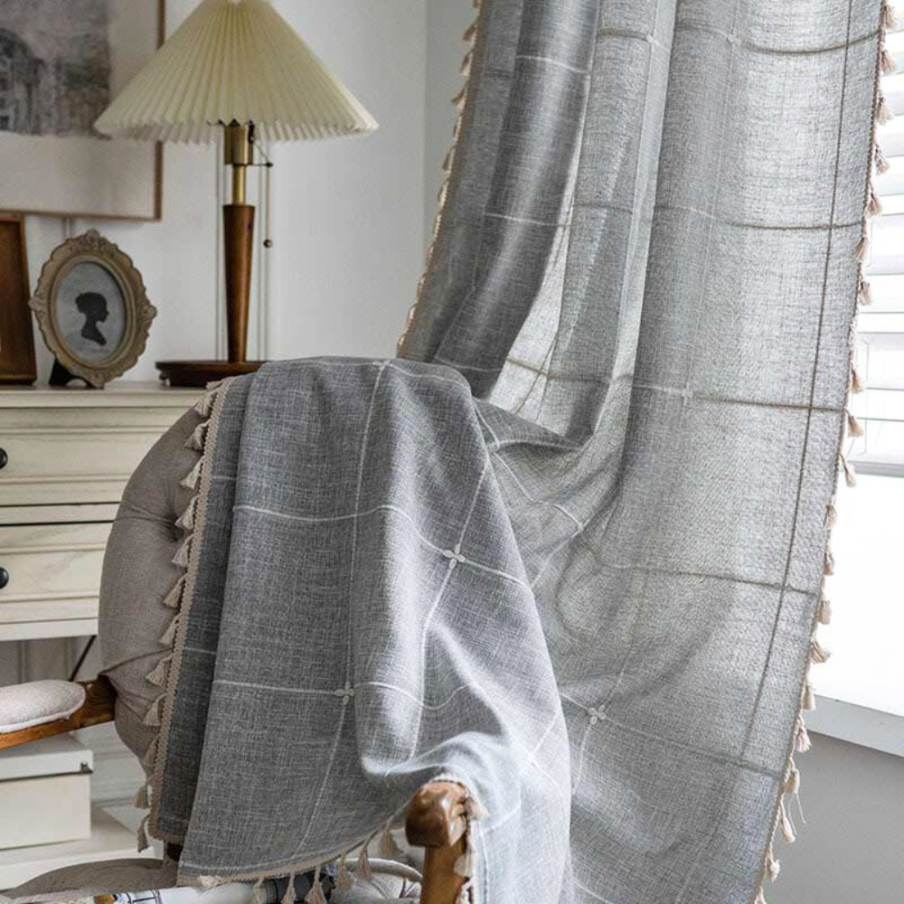 Tassel Plaid Curtain Semi Blackout Drapes — product detail view