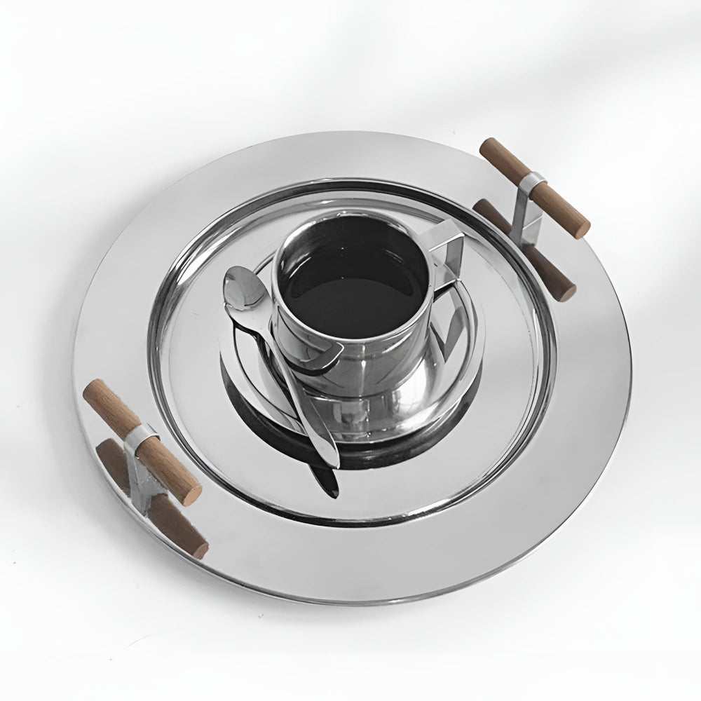 Elegant Stainless Steel Round Tray with Wooden Handles — material texture close-up