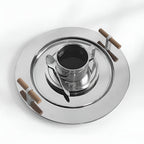 Elegant Stainless Steel Round Tray with Wooden Handles — material texture close-up