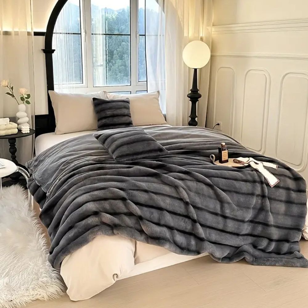 Ruched Faux Rabbit Fur Blanket — product in use