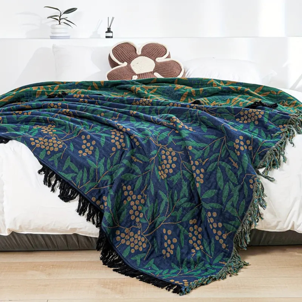 Vibrant Begonia Fruit Tassel Blanket — lifestyle shot