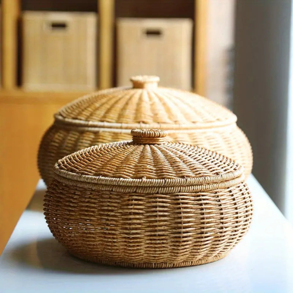 Dome-Shaped Knitted Rattan Basket with Lid — product detail view