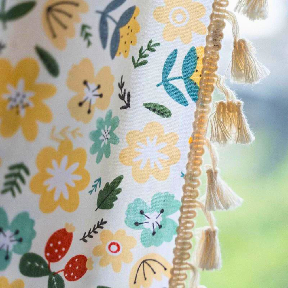 Yellow Flower Tassel Light Filtering Curtain — product in use