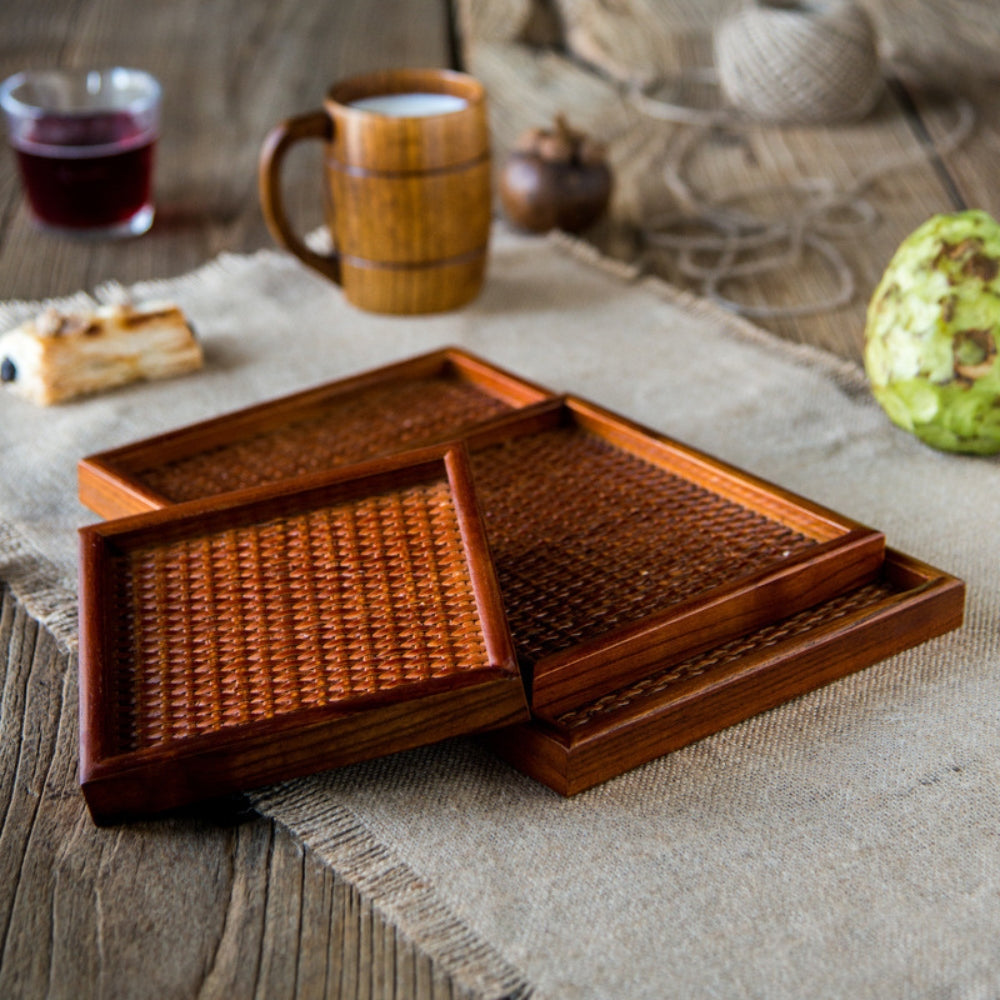 Artisanal Rattan Wooden Tea Tray — product in use