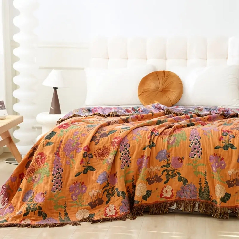 Botanic Floral Cotton Tassel Blanket — product in use
