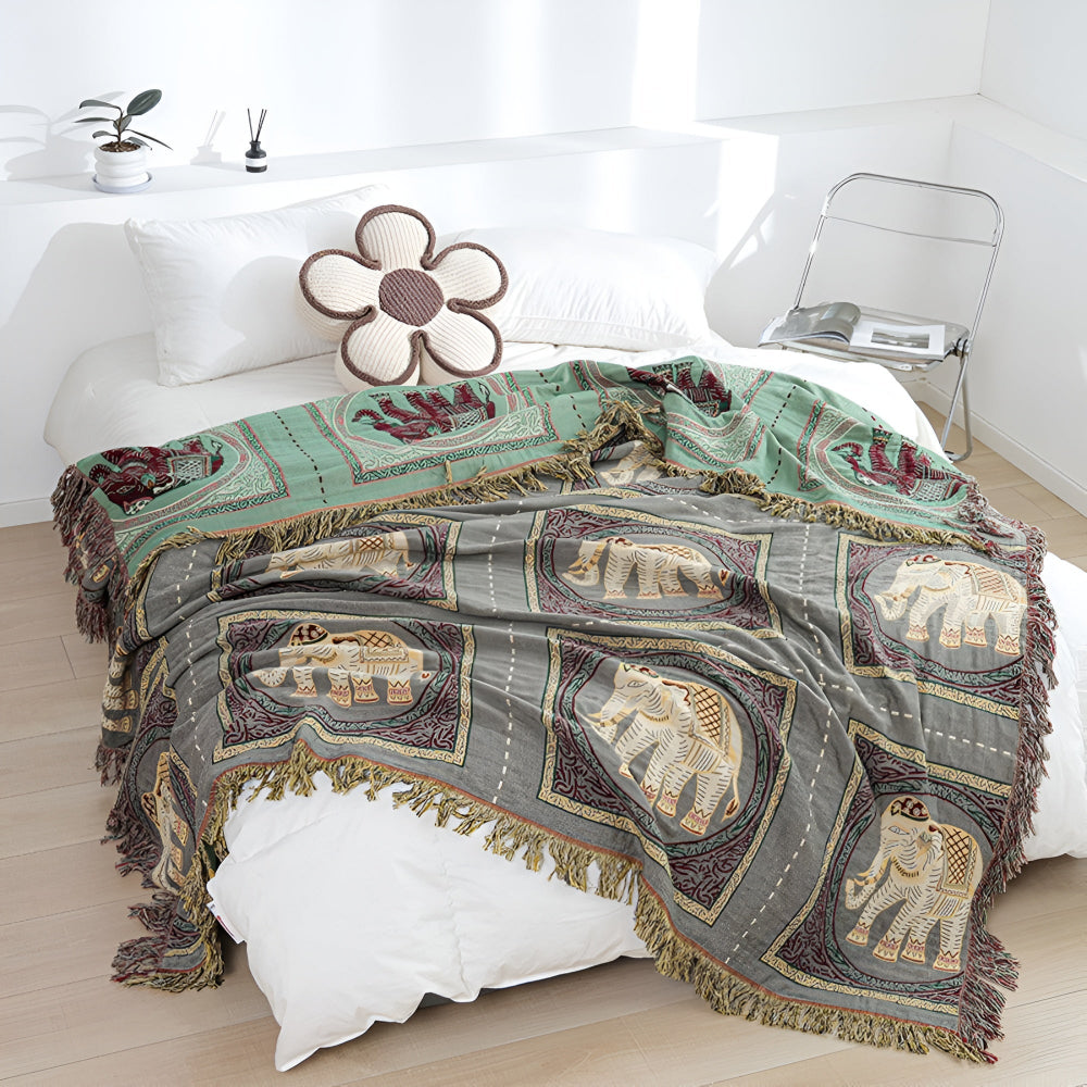 Bohemian Elephant Print Tassel Blanket — alternate angle view