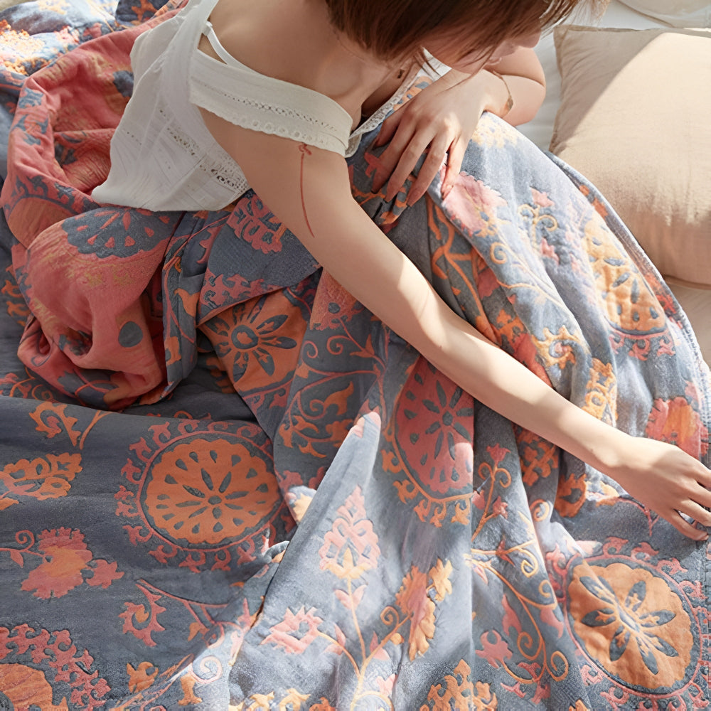 Rustic Floral Cotton Reversible Blanket — product detail view