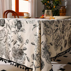 Black Floral Tasseled Farmhouse Tablecloth — main product photo