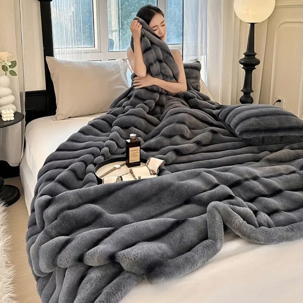 Ruched Faux Rabbit Fur Blanket — product detail view