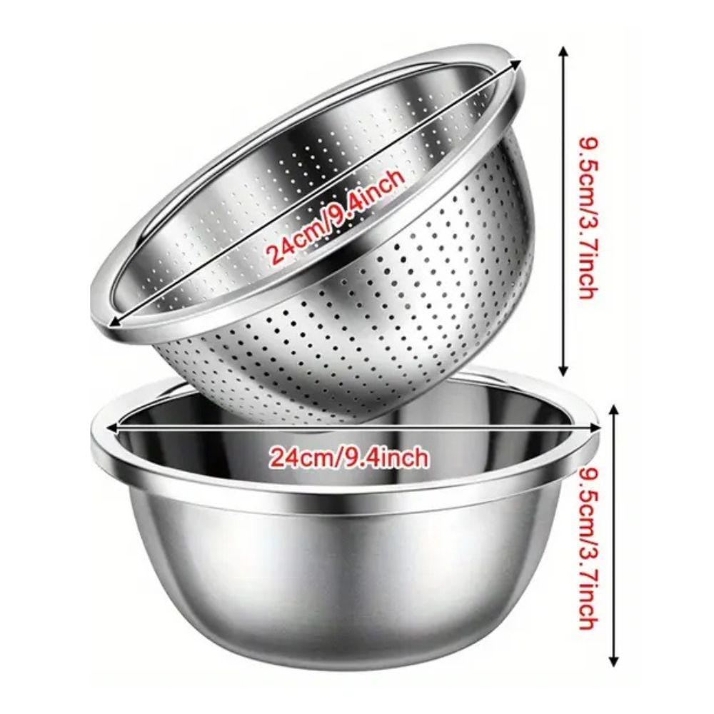 Rinse Mix Stainless Colander Duo Set — size and scale reference