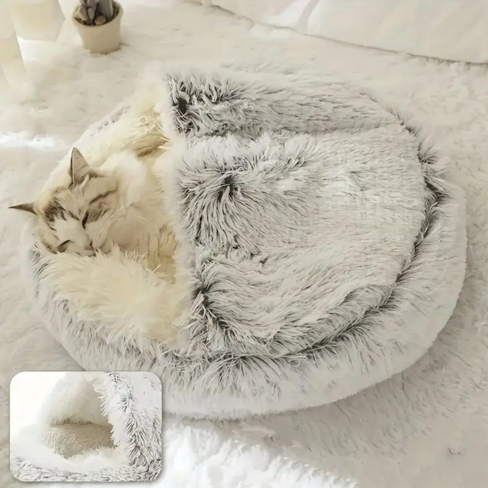 Round Hooded Faux Fur Pet Bed — alternate angle view