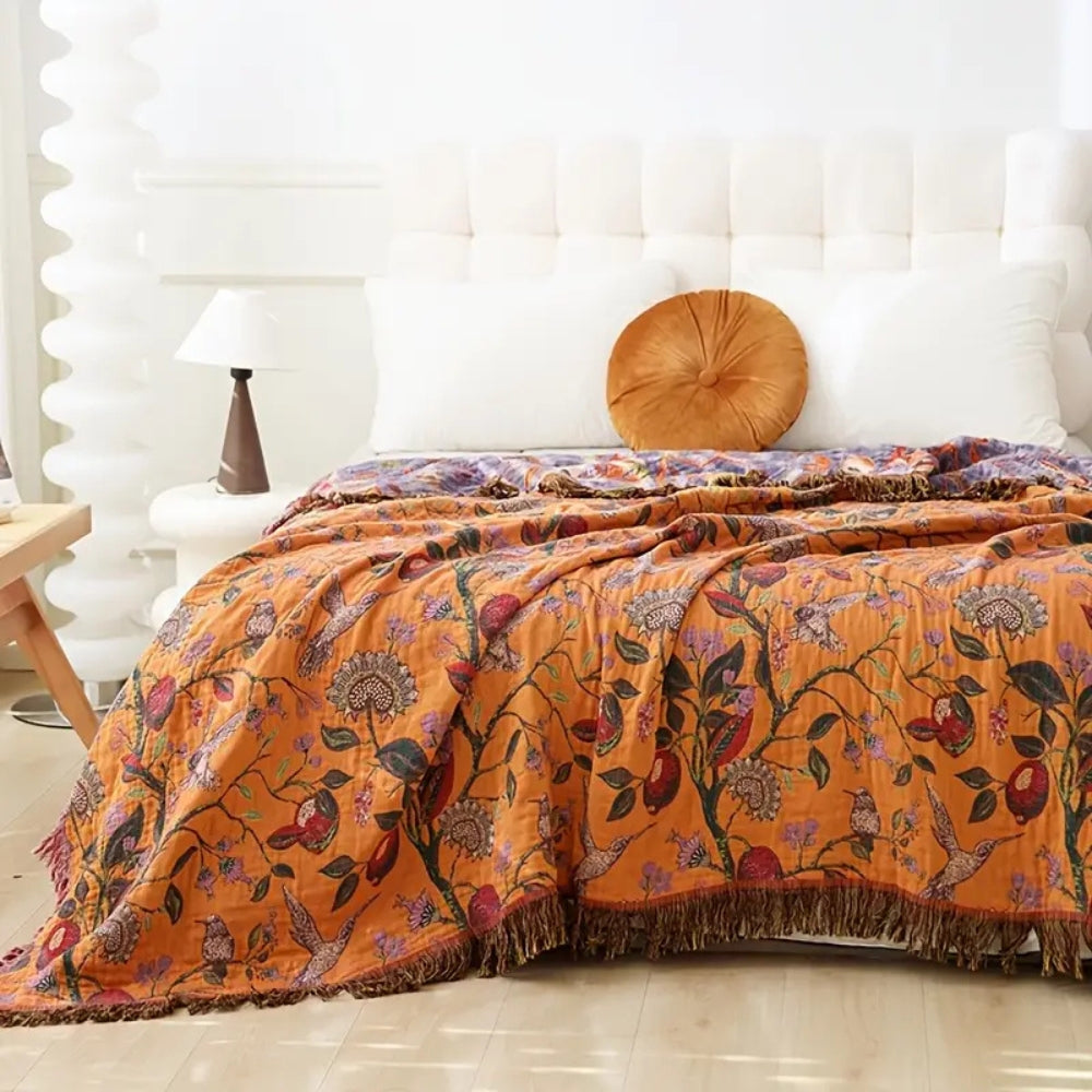 Botanic Floral Cotton Tassel Blanket — product detail view