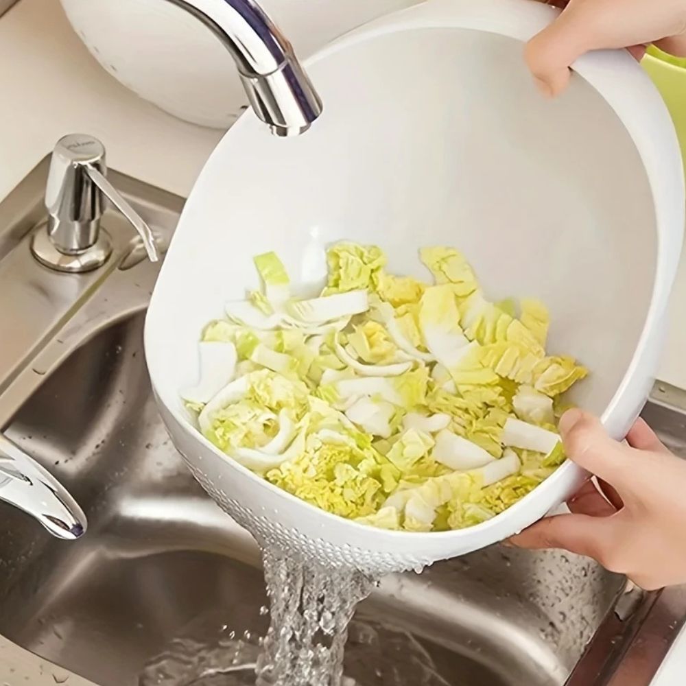 Terra Flow Wash & Drain Colander — product in use