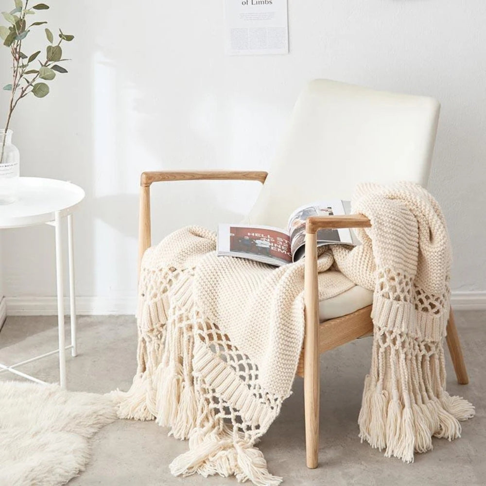 Snug Knit Woven Tassel Blanket — lifestyle shot