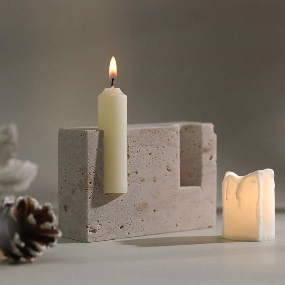 Dual Travertine Taper Candle Holder — product detail view