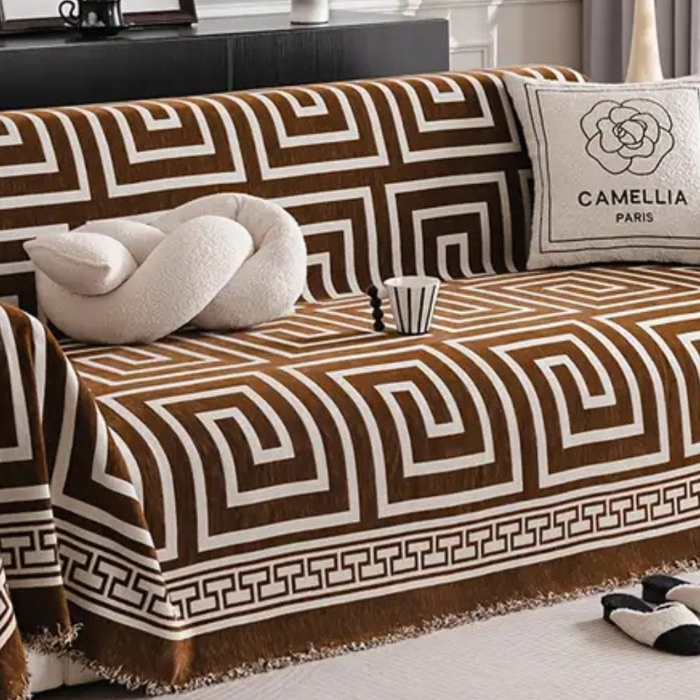 Meander Tassels Chenille Sofa Cover — product in use