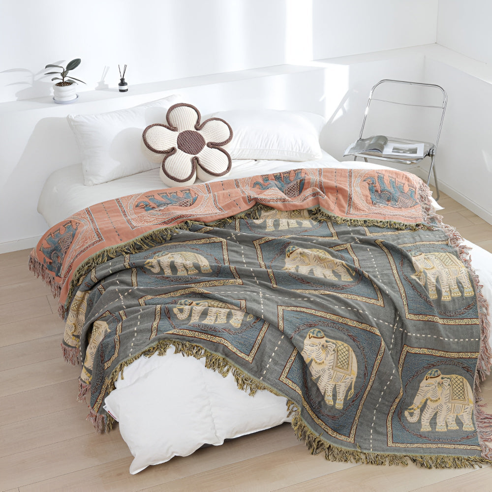 Bohemian Elephant Print Tassel Blanket — product feature detail
