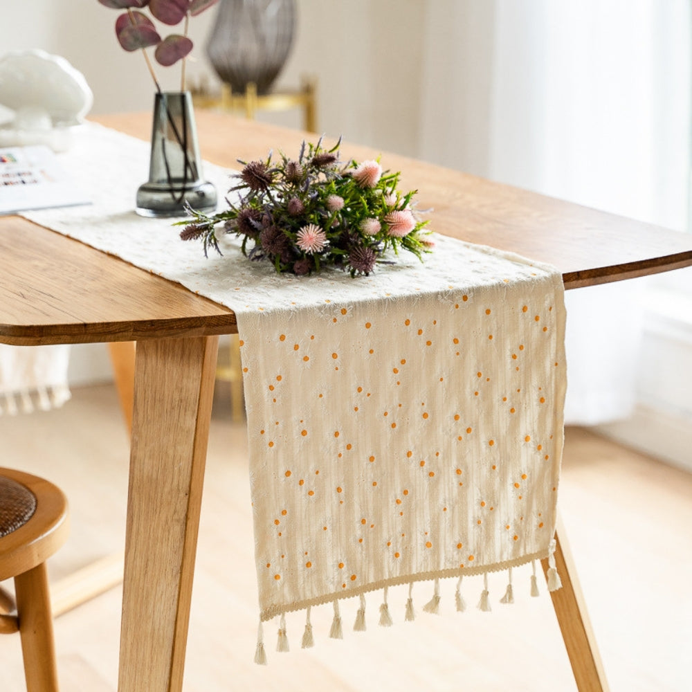 Playful Daisy Embroidered Boho Table Runner — product in use