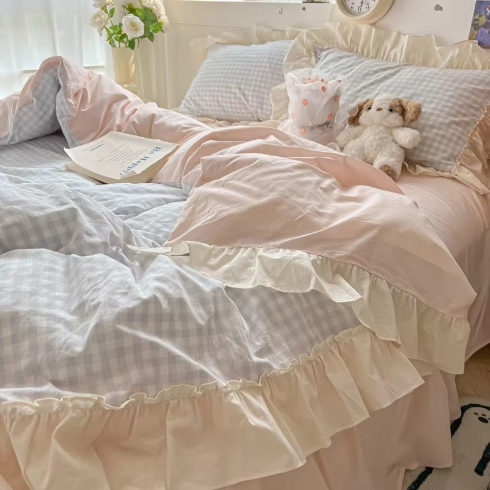 Gingham Check Ruffled Edges Bedding Set — product close-up