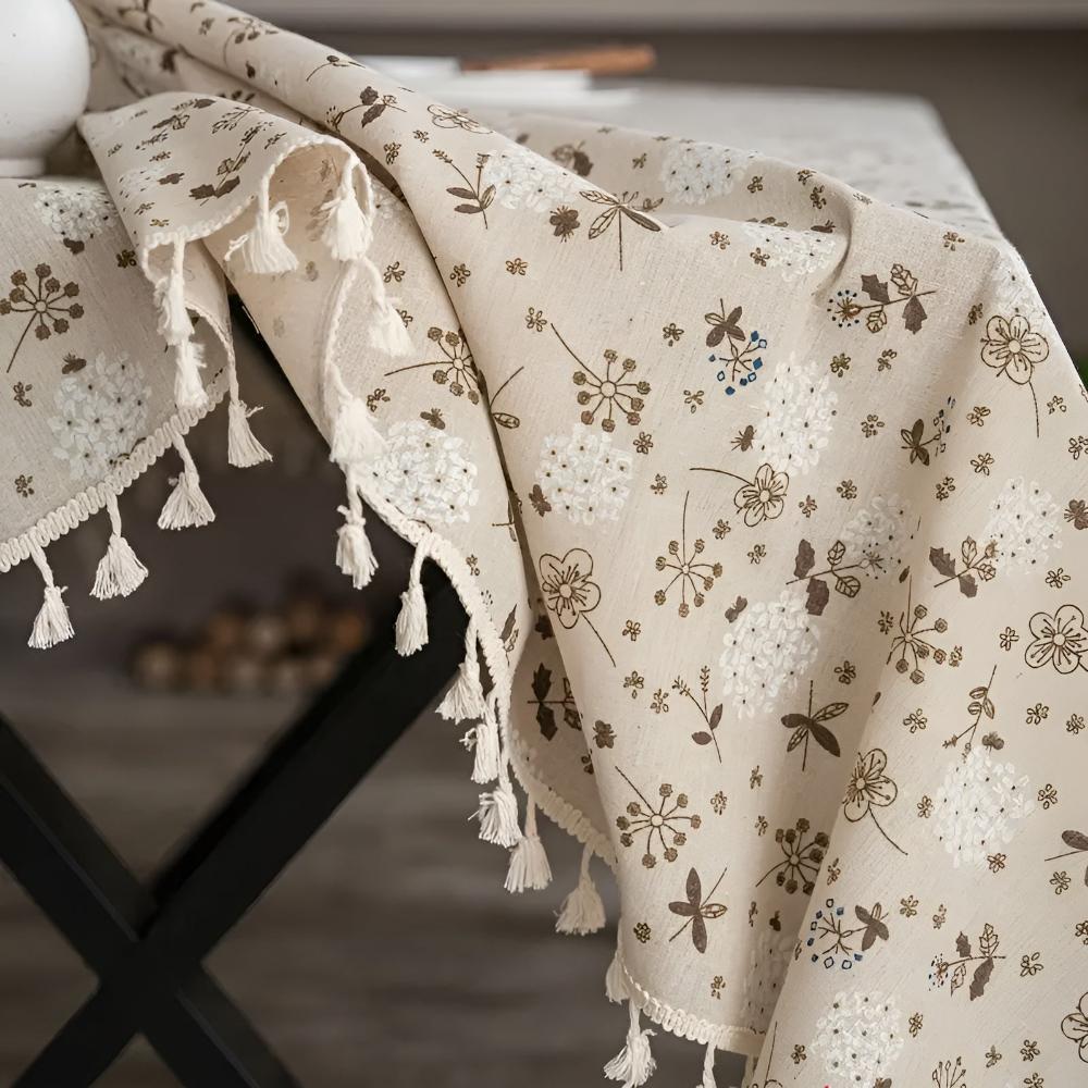 Dandelion Beige Tassel Tablecloth — product detail view