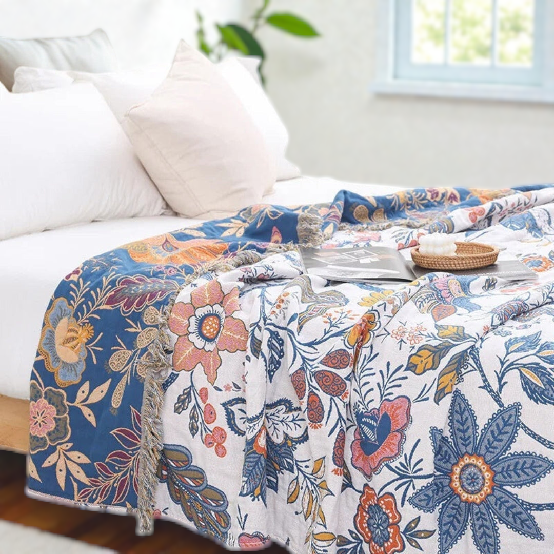 Rustic Flora Cotton Blanket – Reversible Jacquard Throw with Tassels