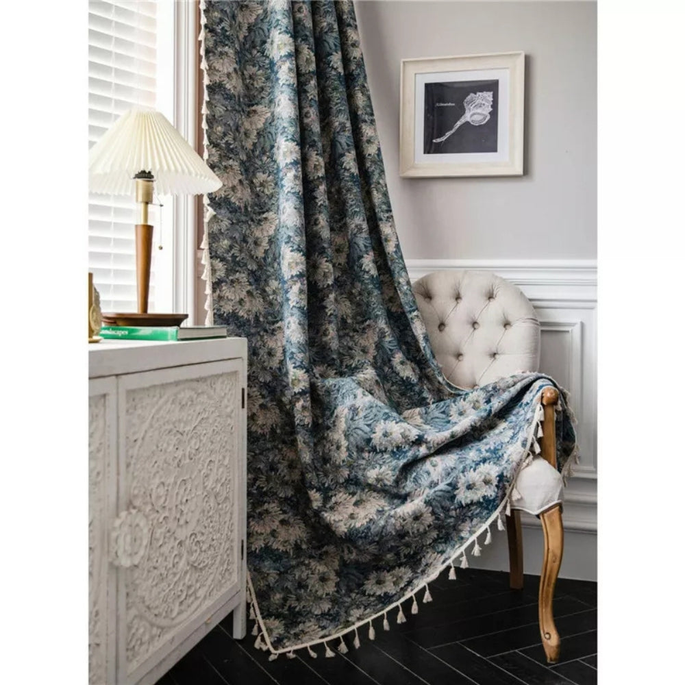 Navy Floral Tassel Curtains — product detail view