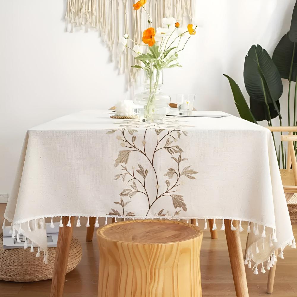Embroidered Floral Tassel Tablecloth — product close-up