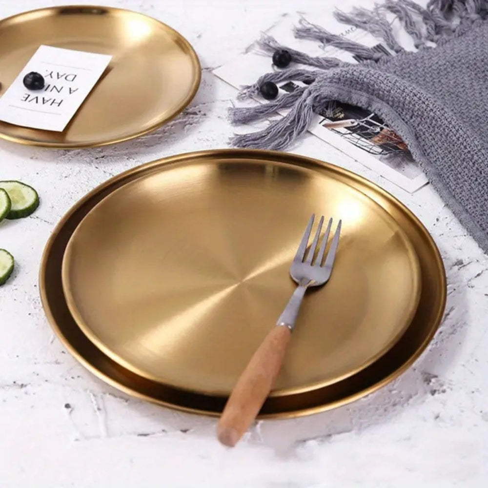Lustrous Golden Stainless Steel Serving Plates — lifestyle shot