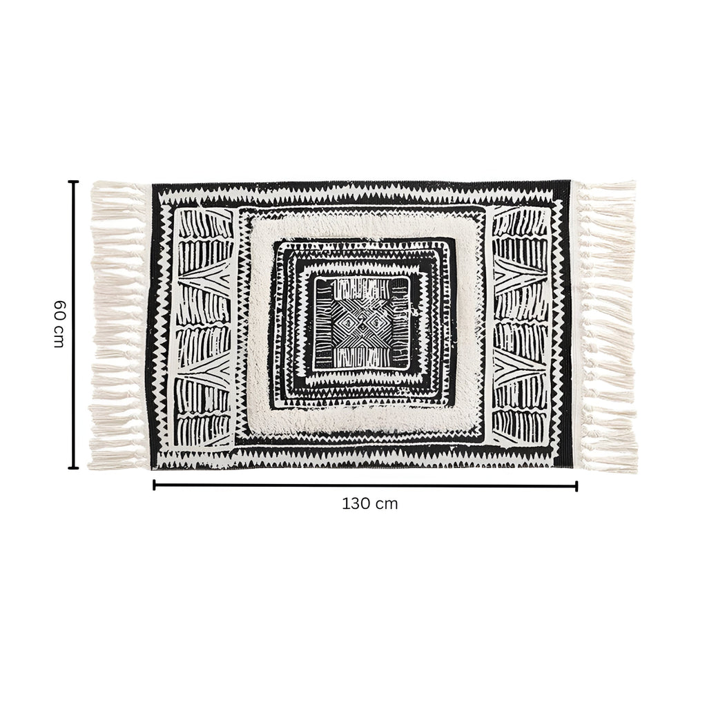 Black and White Geometric Tassel Floor Mat — alternate angle view